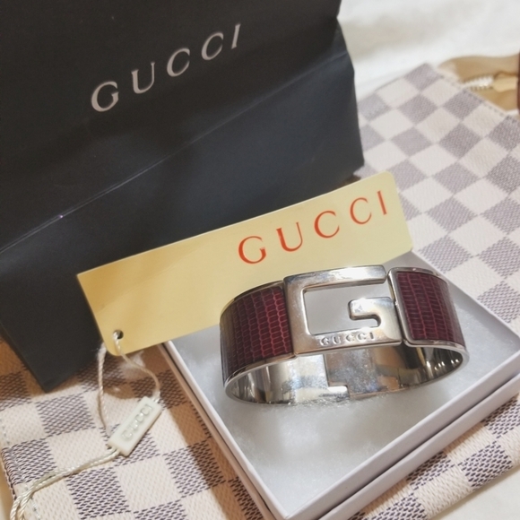 GUCCI Logo Alligator Leather Silver Clamper Bangle Bracelet - Picture 3 of 8
